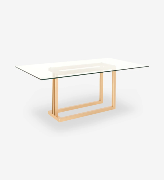 Mesa de jantar retangular com tampo de vidro e pé metálico lacado a dourado