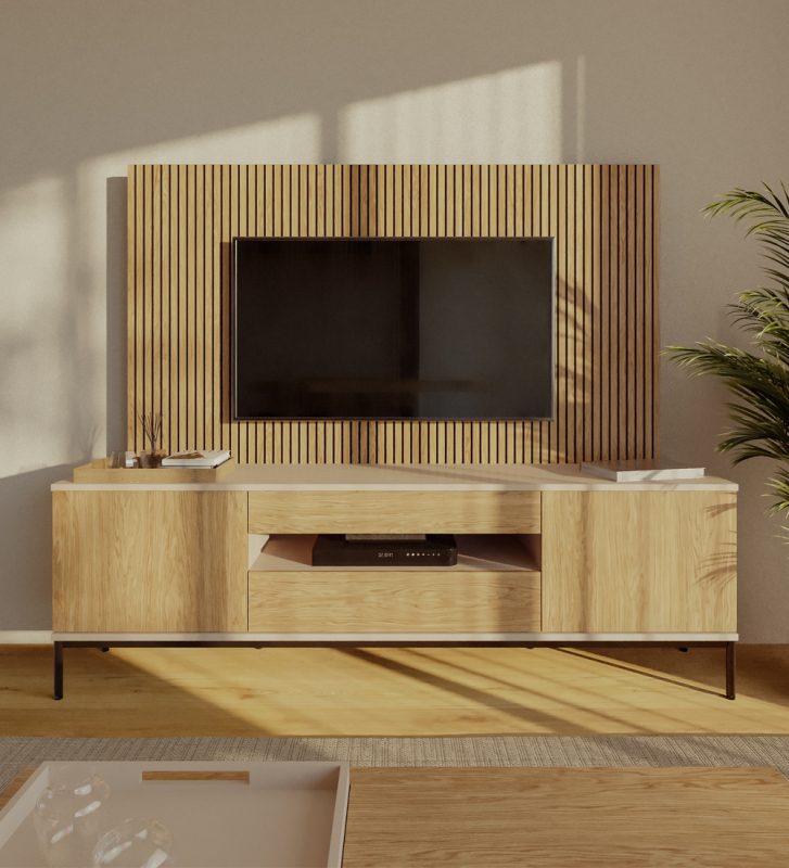 Móvel TV com duas portas e duas gavetas em carvalho natural, estrutura em pérola e pés metálicos lacados a negro com niveladores.
