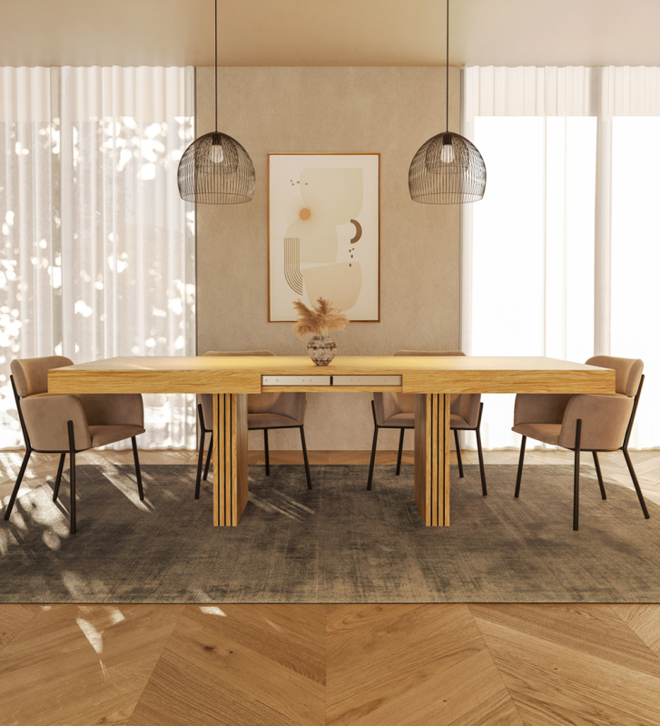 Mesa de jantar extensível retangular em carvalho natural, pés com frisos. 