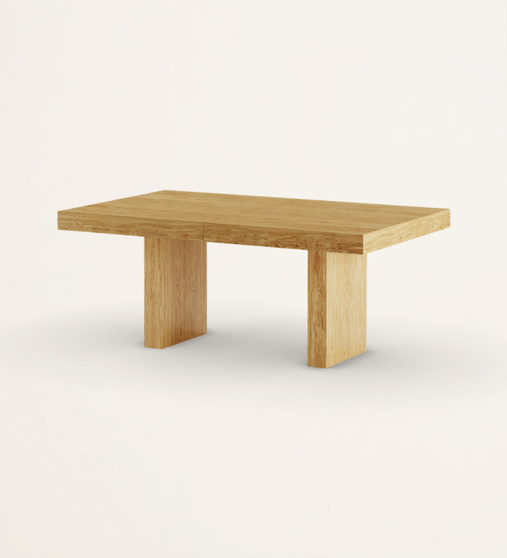 Mesa de jantar extensível retangular em carvalho natural.