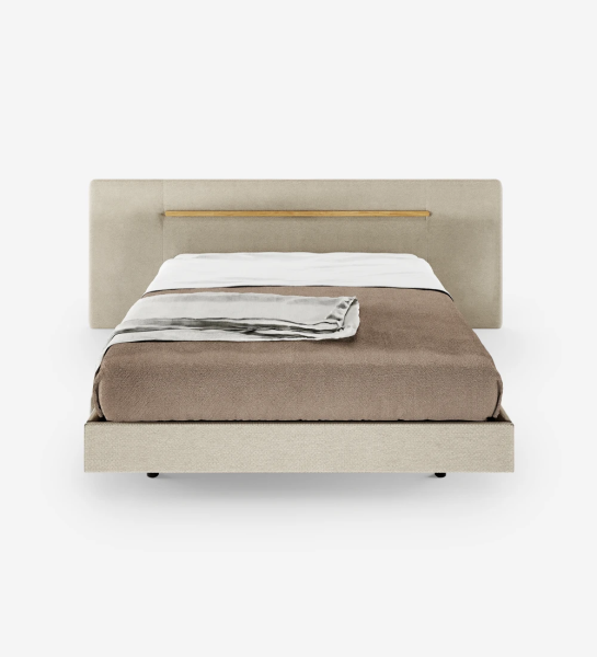 Lit double avec tête de lit et base suspendue tapissée, détaillée en chêne naturel.