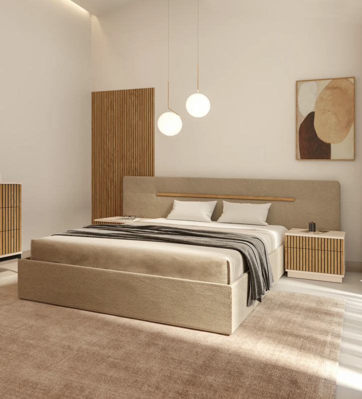 Double bed with upholstered headboard and base, detail in natural oak, with storage through a lifting platform.