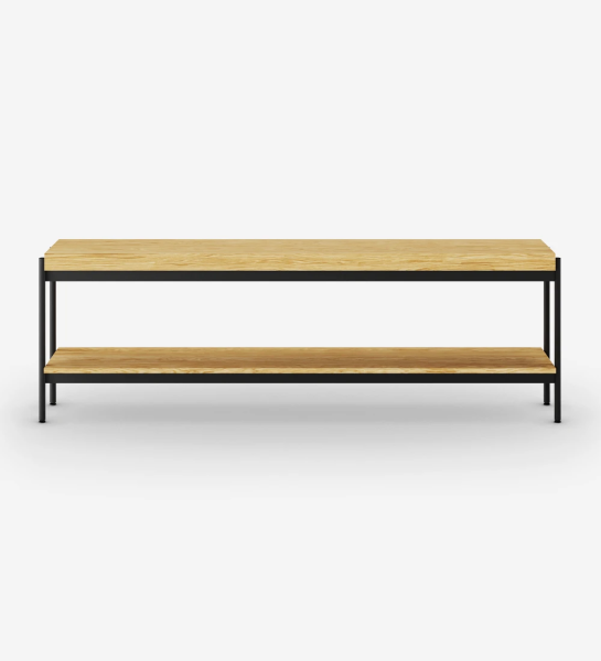 Console with top and shelf in natural oak, black lacquered metal structure, feet with levelers.