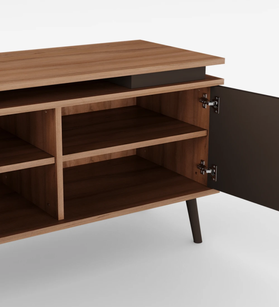 Oslo TV stand 2 doors and feet lacquered in dark brown, walnut structure, 120 x 58,8 cm.