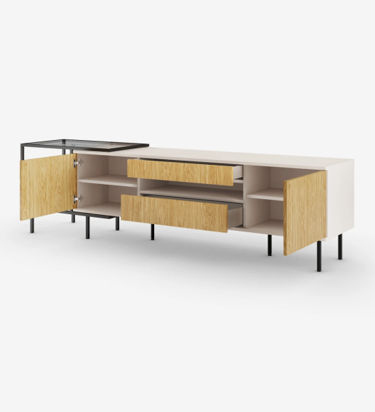 TV stand with two doors and two drawers in natural oak, pearl structure and black lacquered metal feet with levelers. Side extension with black lacquered metal structure, top and glass shelf.