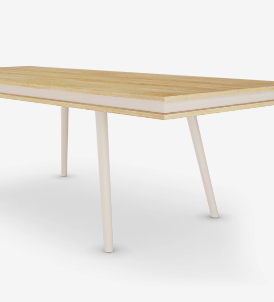 Oslo rectangular dining table 240 x 100 cm, natural oak top and pearl lacquered feet.