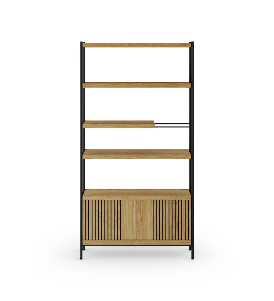 Cannes bookcase in natural oak, 2-door module, black lacquered metal structure and feet with levelers, 105 x 203 cm.