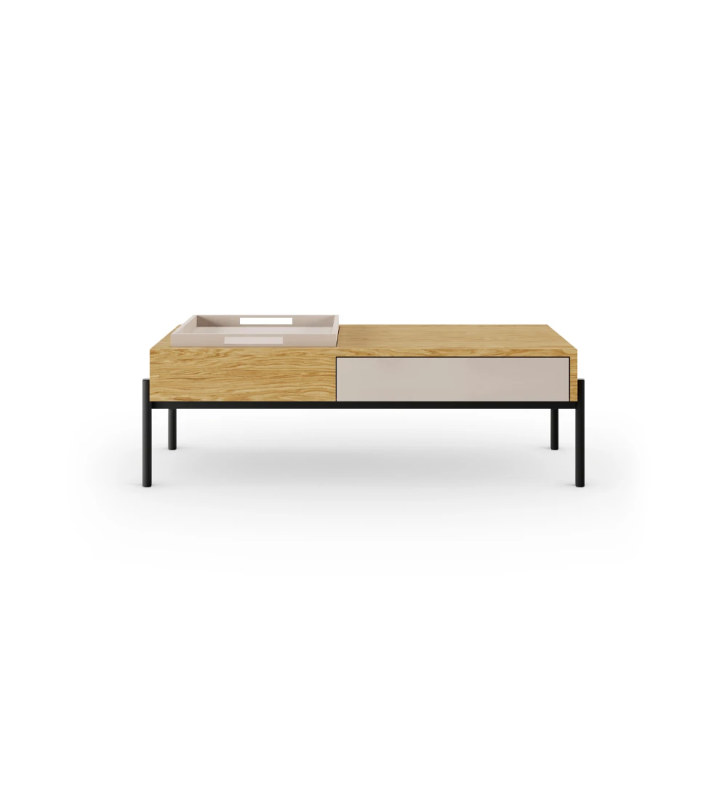Rectangular center table in natural oak, with drawer and tray in pearl, black lacquered metal structure, feet with levelers.