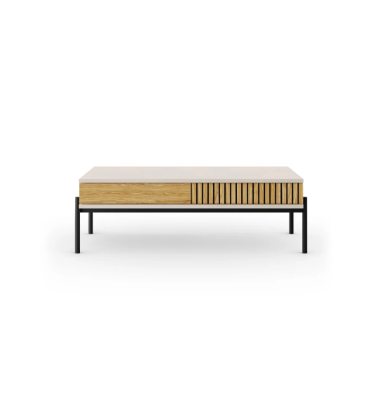 Cannes rectangular center table in pearl, 2 drawers in natural oak, black lacquered feet with levelers, 120 x 60 cm.