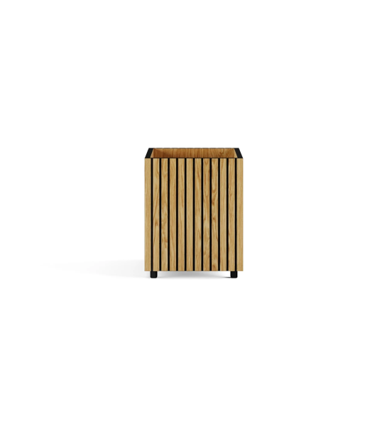 Suporte para vasos com frisos, em carvalho natural, pés em negro.