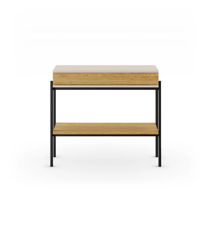 Console with drawer and shelf in natural oak, pearl structure and black lacquered metal feet with levelers.