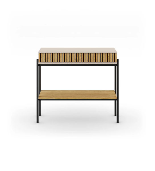 Console with drawer with friezes and shelf in natural oak, pearl structure and black lacquered metal feet with levelers.