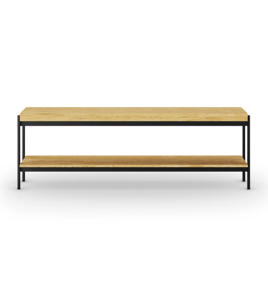 Console with top and shelf in natural oak, black lacquered metal structure, feet with levelers.