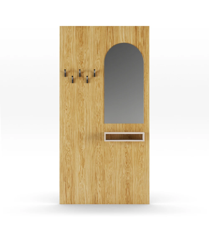 Panel for entrance hall in natural oak, with mirror, module in pearl and hooks in black.