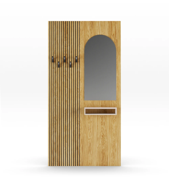 Panel de entrada con friso en roble natural, con espejo, módulo perla y ganchos negros.