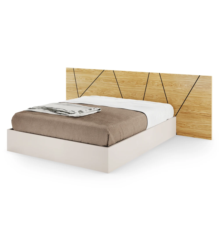 Double bed with abstract natural oak headboard and pearl base, with storage through a lifting platform.