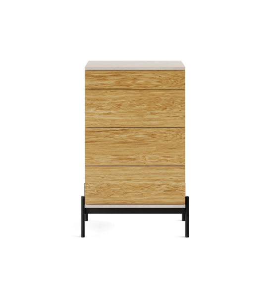 Dresser with 4 natural oak drawers, pearl structure and black lacquered metallic feet with levelers. 