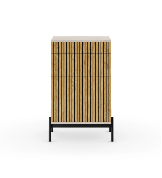 Dresser with 4 natural oak drawers with friezes, structure pearl and metallic feet lacquered in black with levelers.