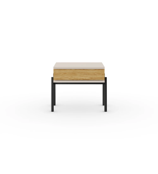 Bedside table with drawer in natural oak, pearl structure and black lacquered metal feet with levelers.