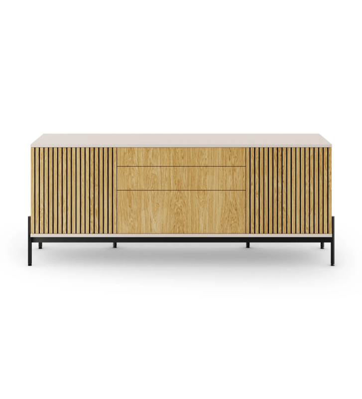 Sideboard with 2 friezes doors, 1 hinged door and 2 drawers in natural oak, pearl frame and black lacquered metal feet with levelers.