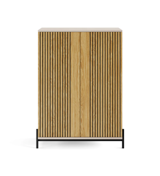 Cupboard with 2 doors with natural oak friezes, pearl structure and black lacquered metal feet with levellers.