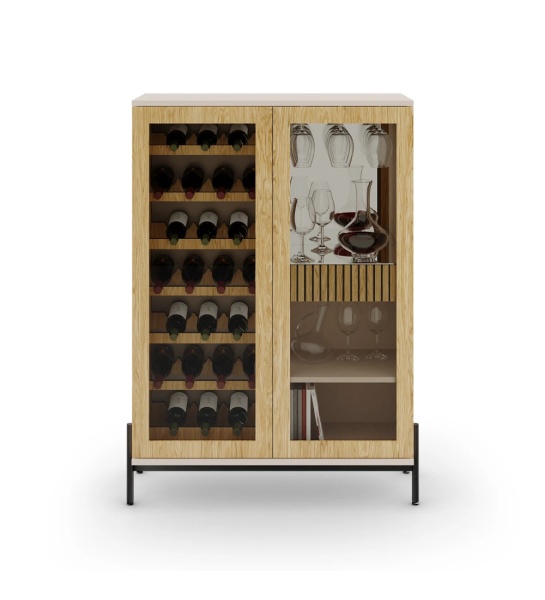 Wine cellar cabinet in natural oak, with lighting, pearl structure and black lacquered metal feet with levelers.