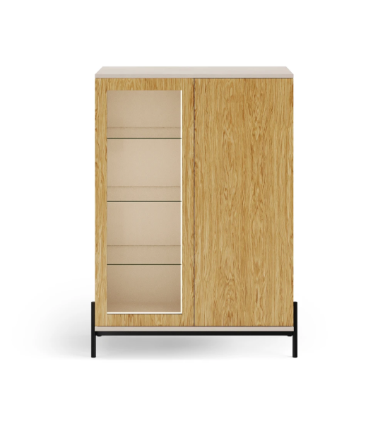 Showcase with lighting, 2 doors in natural oak, pearl structure and black lacquered metal feet with levelers.
