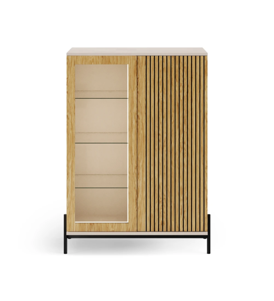 Showcase with lighting, 2 doors with natural oak trim, pearl structure and black lacquered metal feet with levellers.