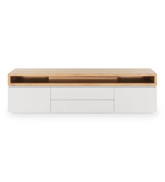 Móvel TV Nice com estrutura lacada a pérola e módulo superior em carvalho natural, 235 x 67,5 cm.