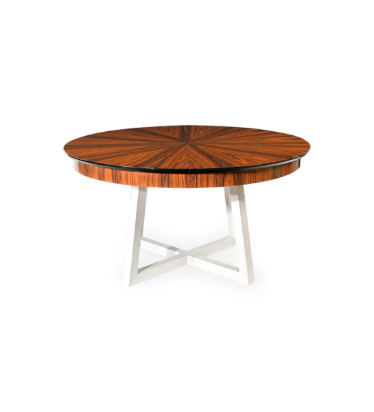 Mesa de jantar extensível redonda com tampo espinhado em palissandro alto brilho e pés lacados a pérola