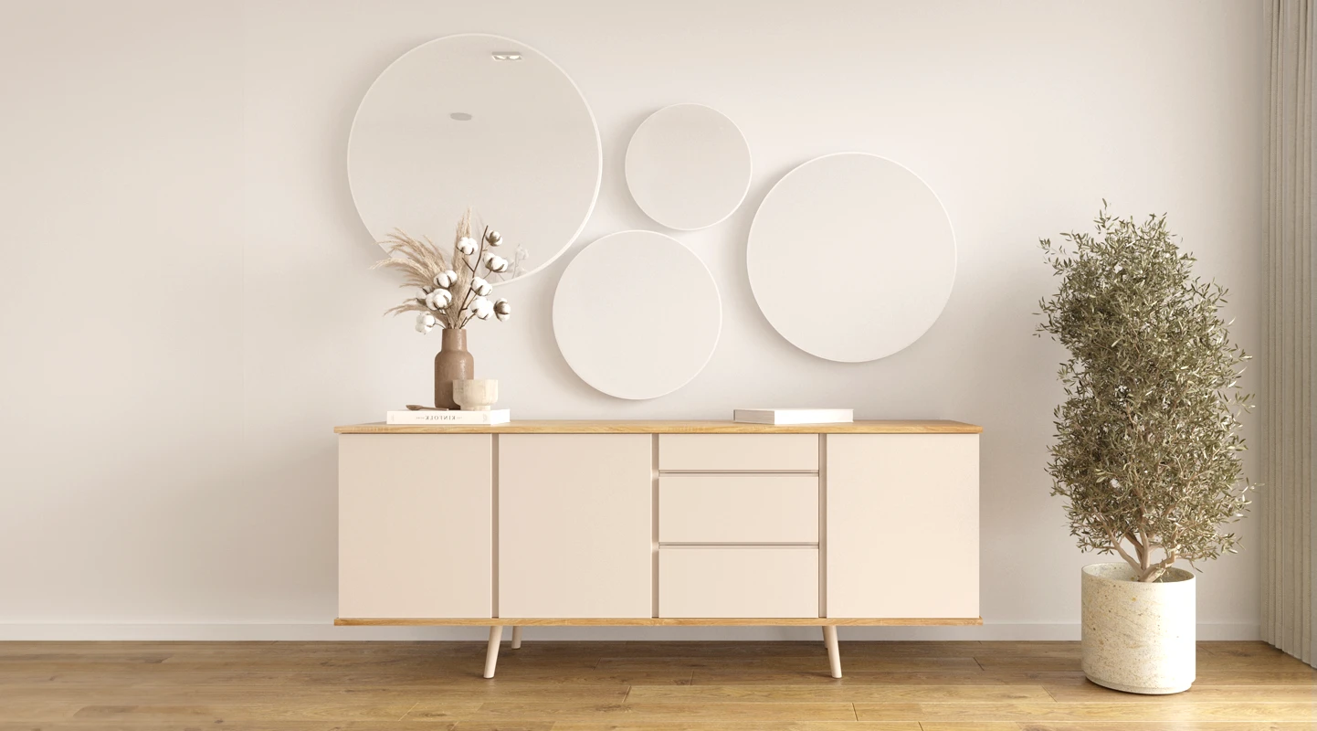 Sideboard with 3 doors, 3 drawers and pearl lacquered feet, structure in natural oak.