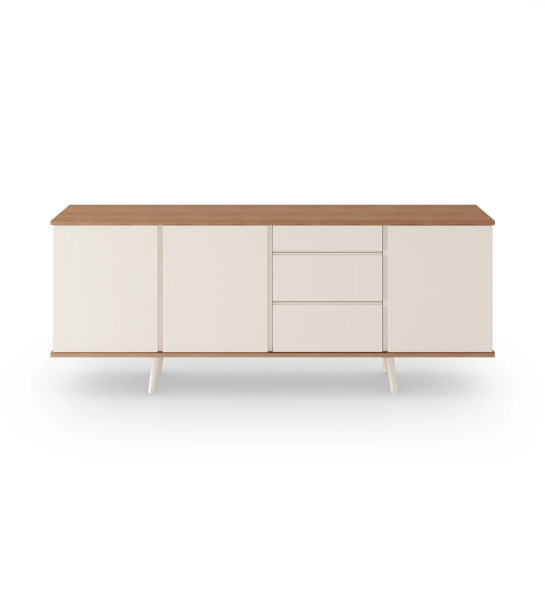 Buffet Oslo avec 3 portes, 3 tiroirs et pieds laqués perle, structure en noyer, 195 x 78,5 cm.
