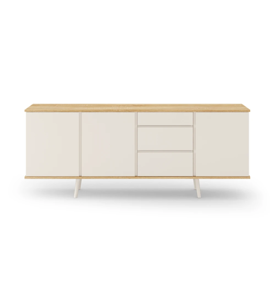 Aparador Oslo 3 portas, 3 gavetas e pés lacados a pérola, estrutura em carvalho cor natural, 195 x 78,5 cm.