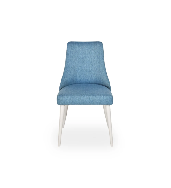 Chaise Oslo rembourré en tissu bleu, pieds laqués perle.