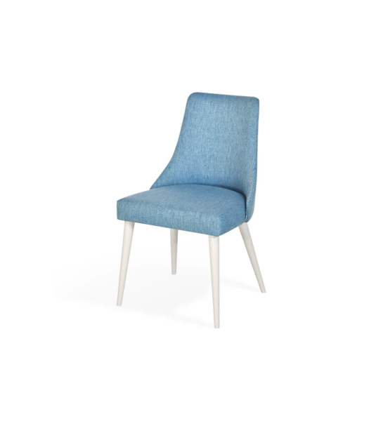Oslo chair upholstered in blue fabric, pearl lacquered feet.