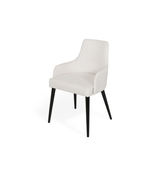 Oslo chair with arms upholstered in white fabric, black lacquered feet.