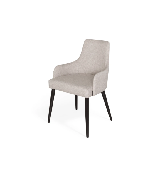 Oslo chair with arms upholstered in gray fabric, dark brown lacquered feet.