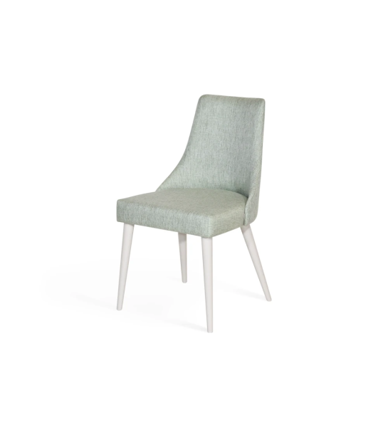 Oslo chair with arms upholstered in water green fabric, dark brown lacquered feet.
