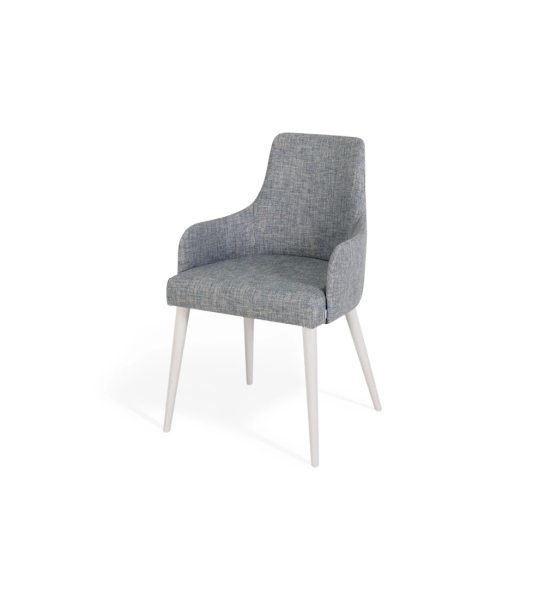 Oslo chair with arms upholstered in blue fabric, pearl lacquered feet.