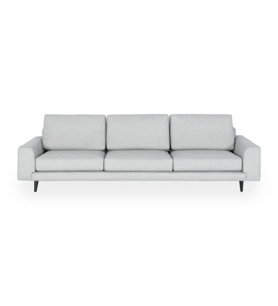 Oslo 3-seater sofa upholstered in light gray fabric, dark brown lacquered feet, 265 cm.