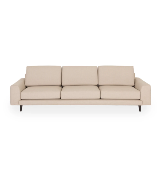 Oslo 3-seater sofa upholstered in beige fabric, dark brown lacquered feet, 265 cm.