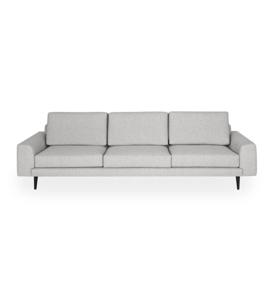 Oslo 3-seater sofa upholstered in light gray fabric, dark brown lacquered feet, 265 cm.