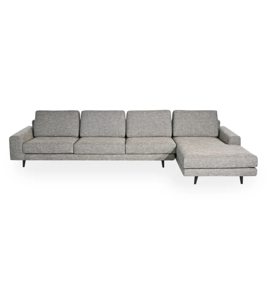 Oslo 3-seater sofa and right chaise longue, upholstered in green fabric, dark brown lacquered feet, 339 cm.