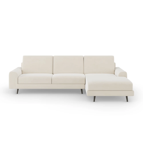 Canapé Oslo 2 places et chaise longue droite, recouvert en tissu beige, pieds laqués marron foncé, 262 cm.
