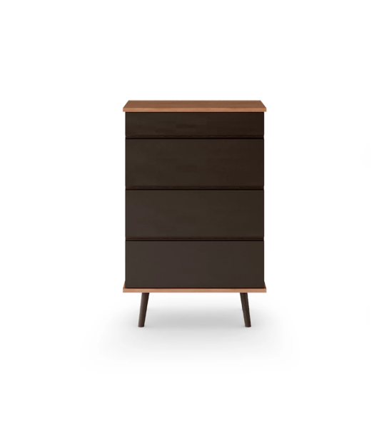 Oslo tall dresser with 4 drawers and dark brown lacquered feet, walnut structure, 70 x 108,5 cm.