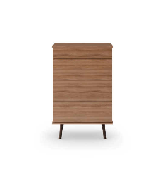 Oslo tall dresser with 4 drawers and walnut structure, dark brown lacquered feet, 70 x 108,5 cm.