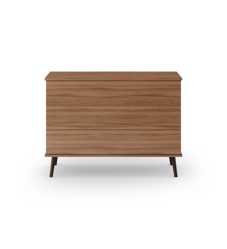 Chest of drawers with 3 drawers and structure in walnut, turned feet lacquered in dark brown.