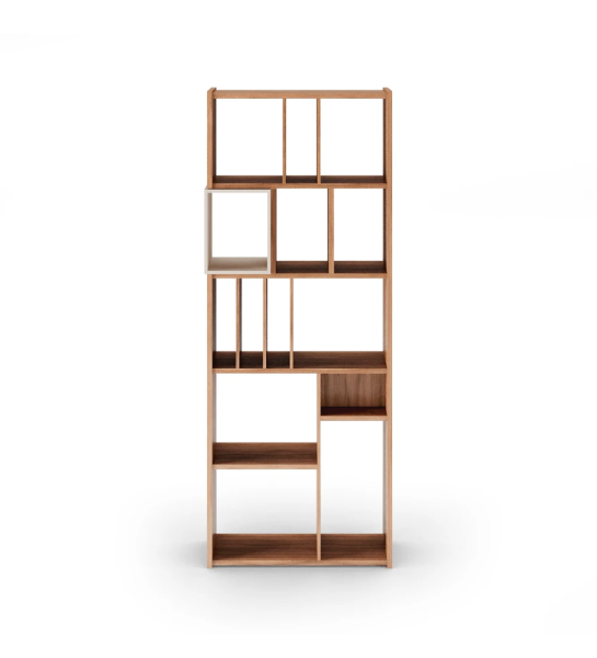 Oslo vertical bookcase in walnut, pearl lacquered module, 70 x 180 cm.
