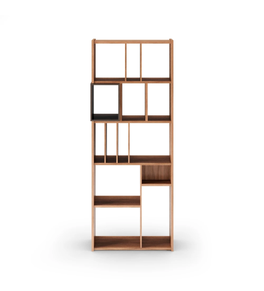 Oslo vertical bookcase in walnut, dark brown lacquered module, 70 x 180 cm.