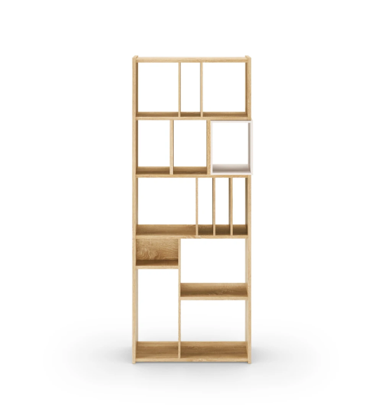 Oslo vertical bookcase in natural oak, pearl lacquered module, 70 x 180 cm.